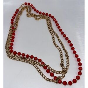 Vintage Red & Gold 2-Piece Necklace Duo Beaded & Long Chunky Chain